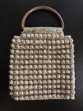 TAN BEIGE WOOL PURSE HANDBAG VINTAGE WOOD HANDLES FABRIC LINED INTERIOR