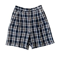 Vintage Womens Size 10 Plaid Pleated Shorts Linen Blend