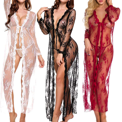 US Women Sexy Lingerie Long Lace Dress Sheer See Through Kimono Robe Nightgown - Afbeelding 1 van 12