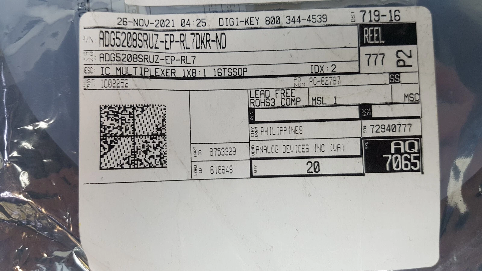 Digi-Key label ADG5208SRUZ-EP-RL7DKR-ND, IC multiplexer 1X8:1 16TSSOP, Philippines, MSL 1, Qty 20