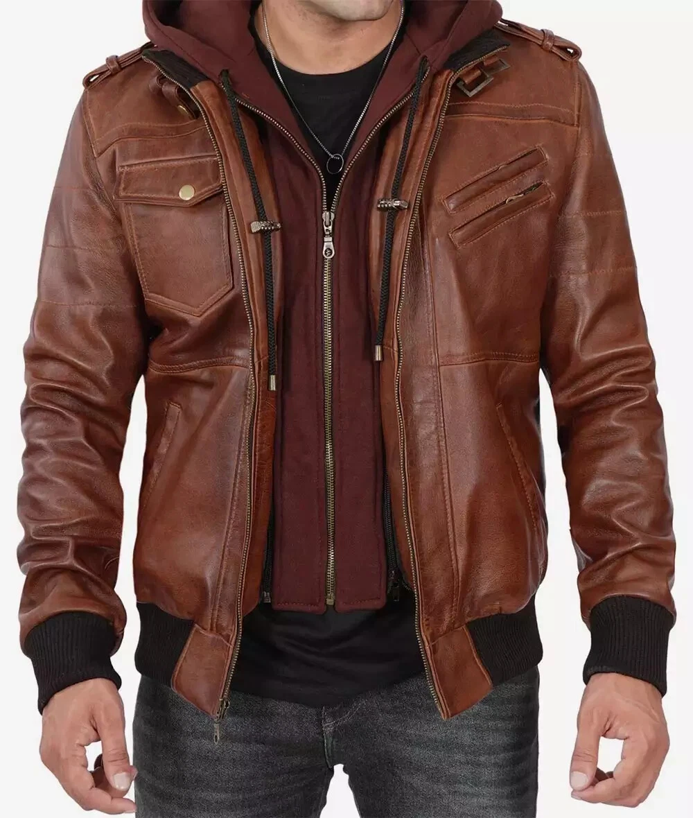Men's Removable Hood Moto Biker Racer Bomber Real Sheepskin Brown Leather Jacket
