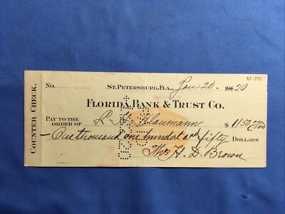 U.S: USED COUNTER CHECK 1920 FLORIDA BANK & TRUST CO. - ST. PETERSBURG ...