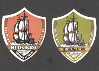 2 diff. Arendals beer label Bokkol and Lager Norway