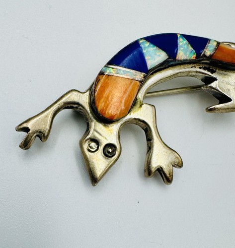 Zuni Vintage Sterling Silber Eidechse Brosche Anstecknadel mit Lapis, Koralle und Opal Inlay - Bild 2 von 11