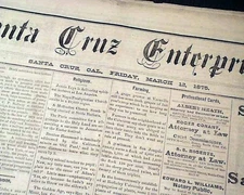 Rare SANTA CRUZ California Monterey Bay WILD OLD WEST 1875 Original Newspaper