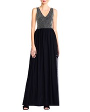 New $410 Adrianna Papell Women's Black V-Neckline Beaded Mesh Gown Dress Size 6