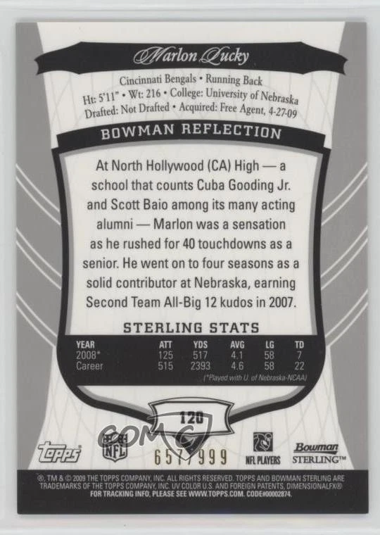 2009 Bowman Sterling /999 Marlon Lucky #120 Rookie Auto RC - Image 2 of 2