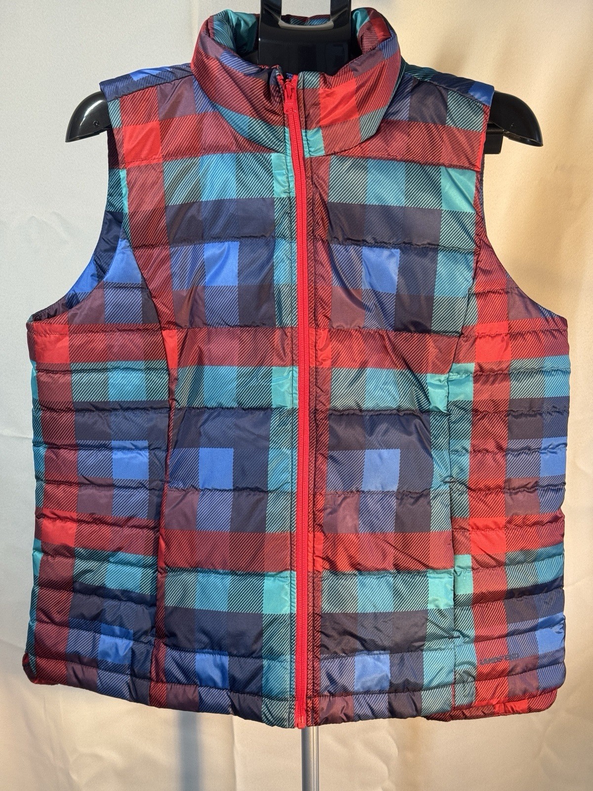 Lands End Down Puffer Vest Womens Large 14-16 Plaid Red Blue Green Zip Up