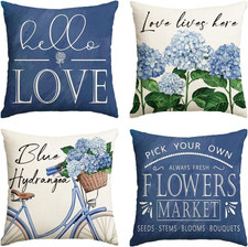 Set of 4 Blue Hydrangea Bicycle Pillow Covers 18x18 Spring Summer Decor
