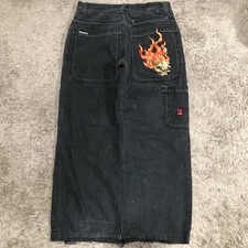 Vintage JNCO Flaming Skull Baggy Jeans Men Size 34x30 Black Y2K Embroidered