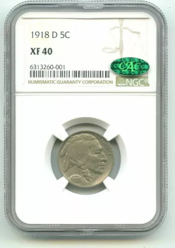 1918-D NGC XF40 CAC Pop SIX █ Bold, Choice, Original, Scarce!  Buffalo Nickel 5C
