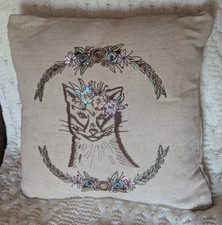 Cat Pillow Embroidered BOHO Style 16 X 16