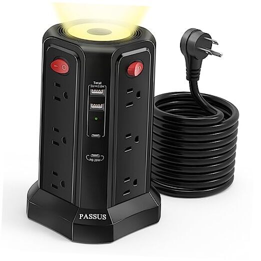 Long Surge Protector Power Strip 15 FT Cord, PD20W USB C Power Strip Black