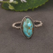 Twisted Rope Oxidized Silver Ring With Kingman Turquoise Handcrafted Jewelry