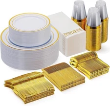 350 Piece Gold Dinnerware Set for 50 Guests Plastic Plates Disposable for Party