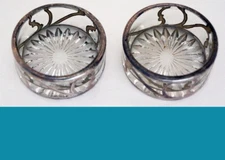 2 Art Deco Clear Open Crystal Salt Cellars with Sterling Silver Overlay Used