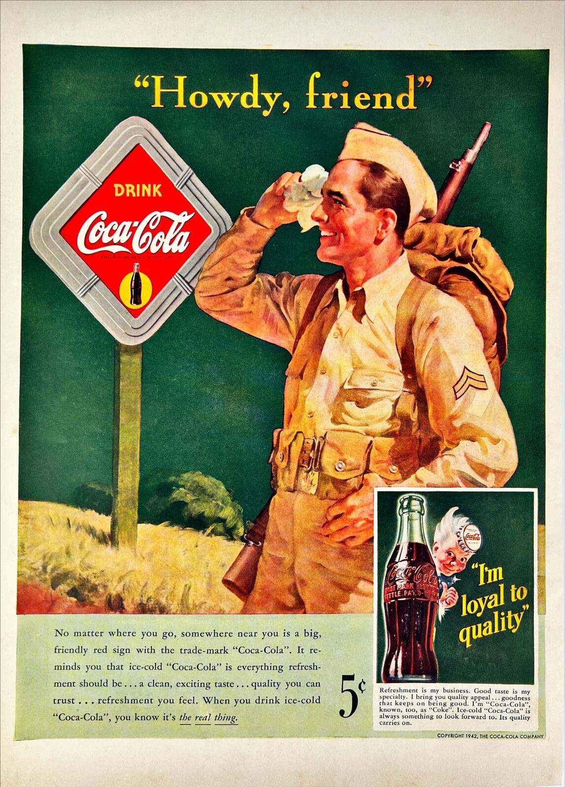 1942 Coca Cola Vintage Full Page Color Print Ad WWII Soldier 