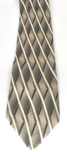 Vintage Arrow Tie Geometric 100% Silk Diagonal Stripes Grey Brown 59" L 3.75" W - Picture 2 of 4