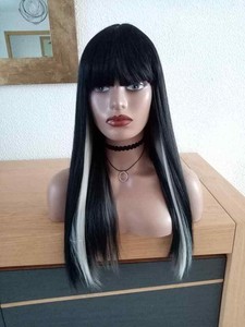 Perruque brune longue lisse raide avec frange en noir blanc et gris 26  pouces | eBay