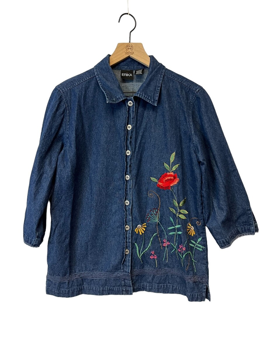 Vintage ERIKA Women's 3/4 Sleeve Button Down Top Blue Jean Denim