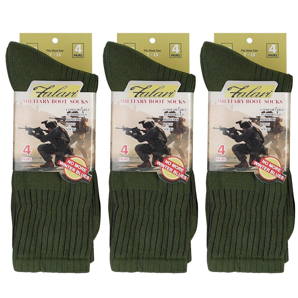4-Pack Army Tactical Combat Boot Socks – Mid Calf, Cushioned, Green – Men's & Women's Sizes 13-15