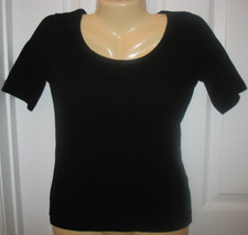 LADIES - M - BLACK - COTTON STRETCH - SHORT SLEEVE SCOOP NECK RIBBED KNIT TOP