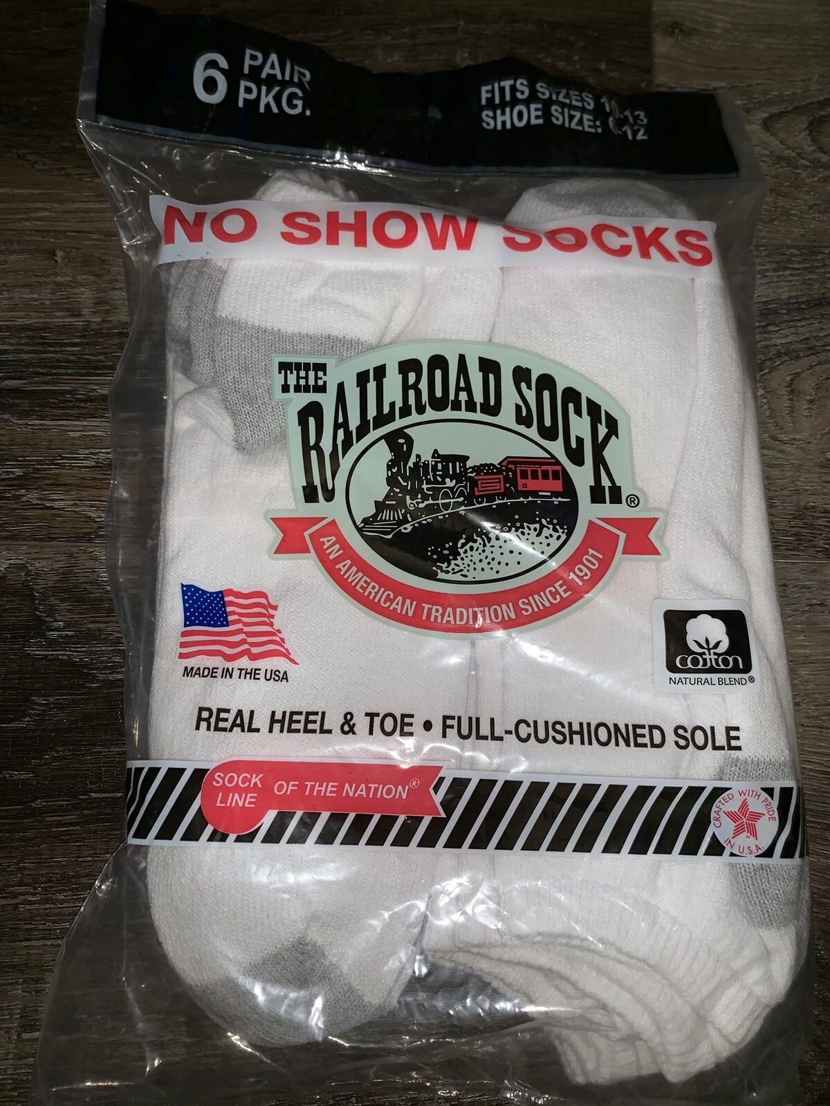 Railroad Sock ~ 6-Pair White No-Show Socks ~ Sock Size 10-13 Shoe Size 6-12