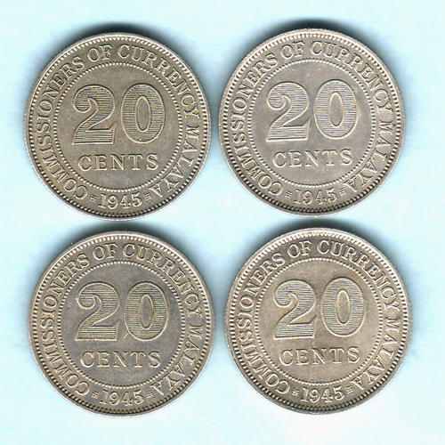Malaya.  1945 20 Cents x 4 Coins..  All with Lustre..  EF-aUNC - Bild 1 von 2