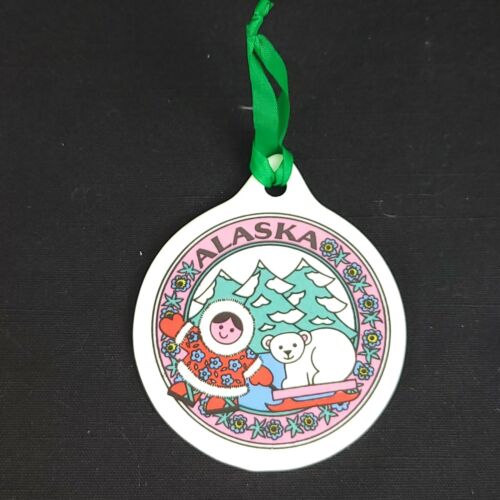 Porcelain Merry Christmas from Alaska, Child & Baby Polar Bear Ornament 2.75" - Picture 1 of 2