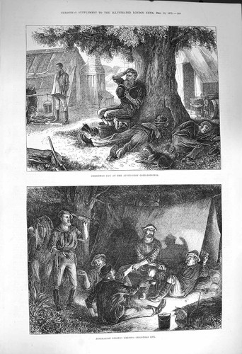 Original Old Antique Print 1873 Australian GDigging Christmas Day Miners 19th