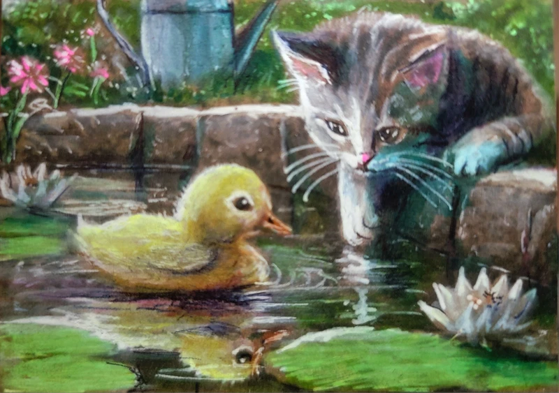 Jacob Landis HANDMADE ORIGINAL Whimsy ACEO Cute Tabby Kitten Cat "The Duckling"
