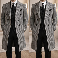 Double Breasted Men's Houndstooth Coat Casual Warm Wear Office Long Blazer