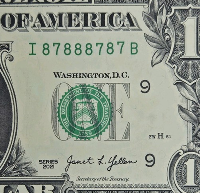 #ad Binary 8s amp; 7s Fancy Serial Number I87888787B 2021 Unc 1$ U.S. One Dollar Bill $27.00