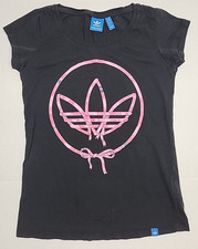 ADIDAS Womens Meduim T-Shirt Top Black Pink Logo Cotton slim fit