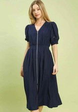 Umgee Midi Dress Navy Blue Zip-Front Smocked Waist Short Puff Sleeve