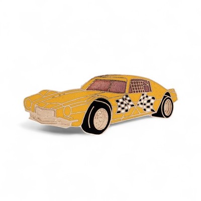 Vtg 1980 Racing Car Lapel Pin Yellow Stock Car Checkered Flags Ace Supply Elgin