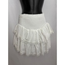 White Mini Ruffled Tiered Skirt Size L Lace Trim Boho Girly Prairie Cottagecore