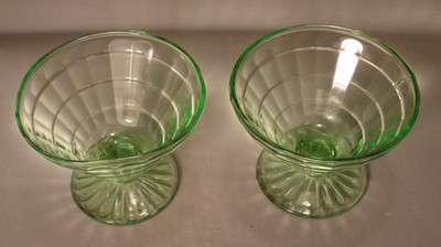 Pair of Block Optic Green Uranium / Iridium Glass Footed Dessert Cups