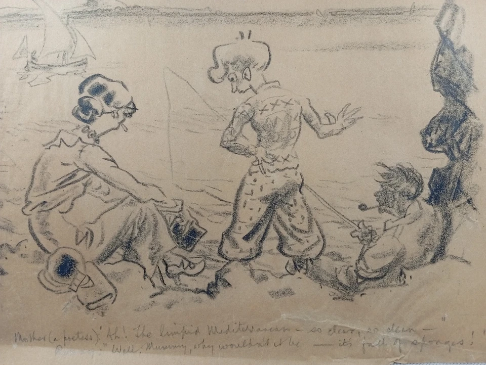Ancien dessin au fusain signé N.W : scène de genre au bord de la méditérranée - Photo 1/4
