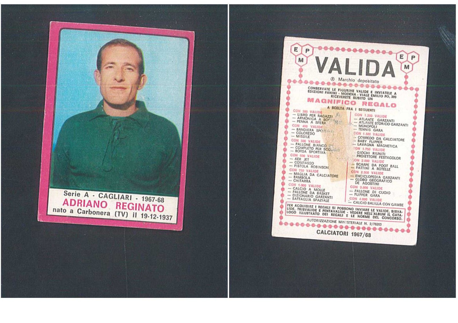 Figurina Calciatori Panini 1967-68 Adriano Reginato (Cagliari) Ottima Rec. ▓