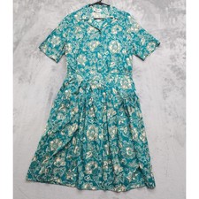 Vintage Leslie Fay Skirt Set Women 12 Teal Green Floral Short Sleeve Top Pleated