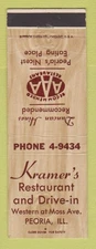 Matchbook Cover - Kramer's Restaurant Drive In Peoria IL