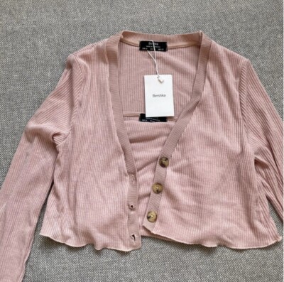 bershka crop top cami co ord dust pink knot cardigan vest long