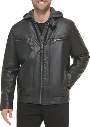 Men's Biker Motorcycle Jacket Men Black Leather  Jacket with Removable Hood