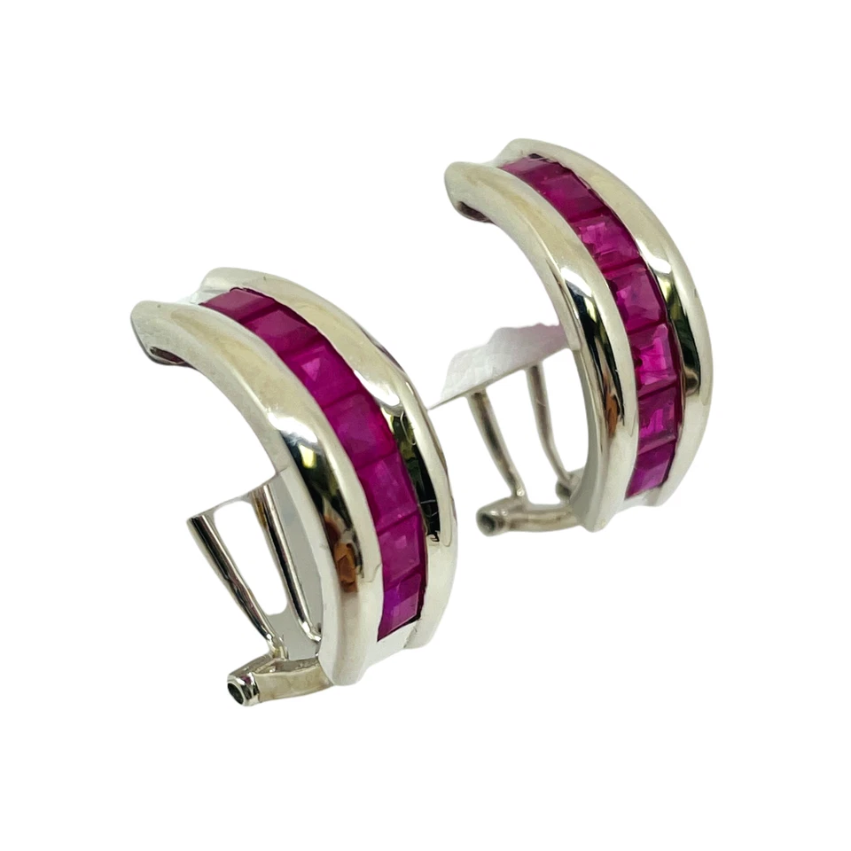 Natural Pink Ruby Channel-Set Hoop Earrings 14k Solid White Gold - Image 3 of 4