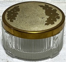 Vintage Art Deco Glass Powder Jar with Brass Lid Raised Design for Vanity