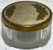Vintage Art Deco Glass Powder Jar with Brass Lid Raised Design for Vanity