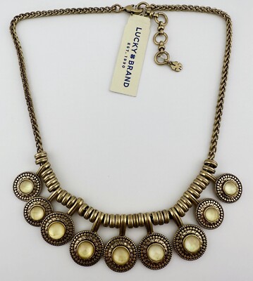 18  Lucky Brand NWT Gold Tone Necklace W Medallions & Acrylic Yellow Gems