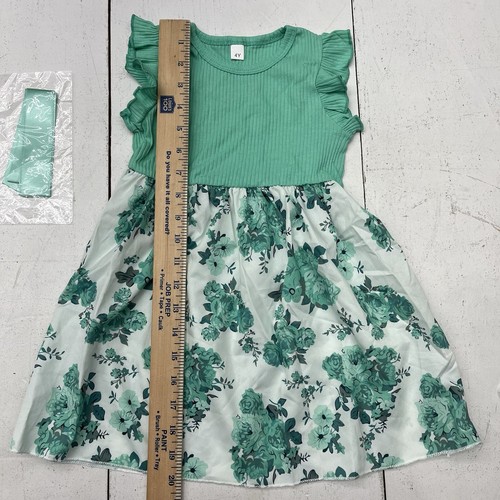 Green White Floral Fit Flare Dress Short Ruffle Sleeve Girls Size 4Y - Picture 5 of 7