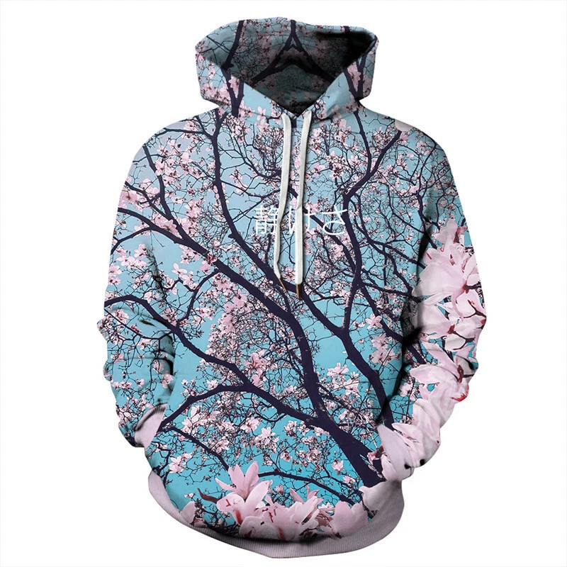 Womens Mens Long Sleeve Casual Flower Cherry Blossom Print Hoodie Sweater S 5XL